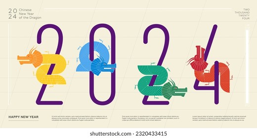 Abstract chinese dragons combination number 2024 Happy New Year horizontal banner. Colored China zodiac animal dragon set. Graphic asian celebration colorful artwork. Modern trendy oriental painting