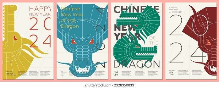 Abstract Chinese dragons heads on 2024 Happy New Year posters. Colored creative China zodiac dragon monster faces on flyers. Graphic asian celebration colorful prints. Modern trendy oriental paintings