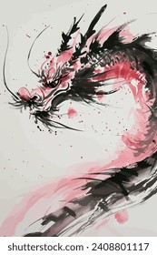 Abstract Chinese ink painting Chinese dragon, Year of the Dragon, watercolor brush strokes. Chinese New Year greetings illustration, watercolor