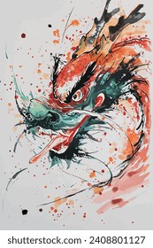 Abstract Chinese ink painting Chinese dragon, Year of the Dragon, watercolor brush strokes. Chinese New Year greetings illustration, watercolor