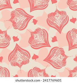 Abstract Chinese Lantern vector floral seamless pattern background. Botanical hand drawn repeat with folk art style Physalis alkekengi. Scattered all over print for packaging, gift