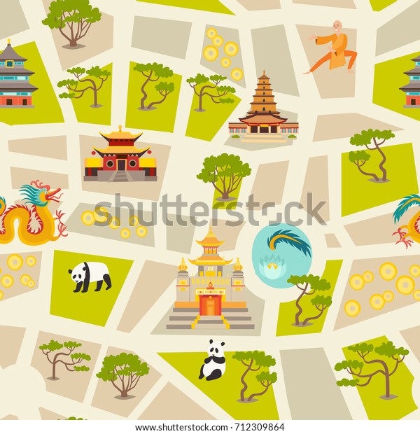 Abstract chinese map seamless vector background.\
Landmarks icons, temple, dragon, Shaolin monk and trees. Flat\
cartoon style design