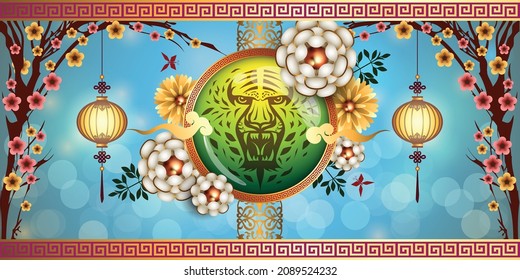 Abstract chinese new year 2022, Year of Tiger. The meaning are Lucky and Happy. Vector .and Illustration, EPS 10  