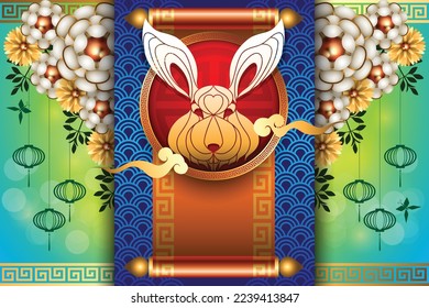 Abstract chinese new year 2023 with Rabbit Face and Traditional Chinese Wording. The meaning are Lucky and Happy. Year of Rabbit That is the one of Chinese Zodiac. Vector and Illustration, EPS 10.