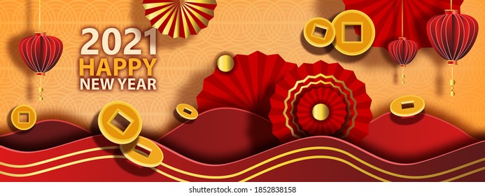 Abstract Chinese New Year background with traditional fans, coins, lanterns in golden and red. Festive holiday postcard