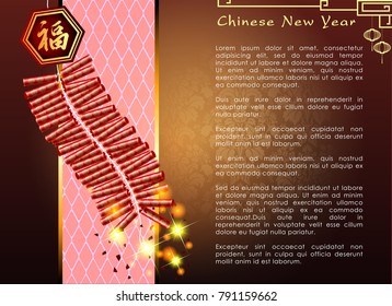 Abstract chinese new year with The Firecrackers and Traditional Chinese Wording .The meaning are Lucky and Happy. Vector and Illustration, EPS 10