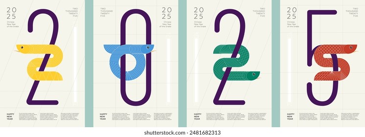 Abstract Chinese snake combination number 2025 Happy New Year posters. Colored China zodiac animal serpent collection. Graphic Asian celebration colorful artwork set. Oriental festival modern prints