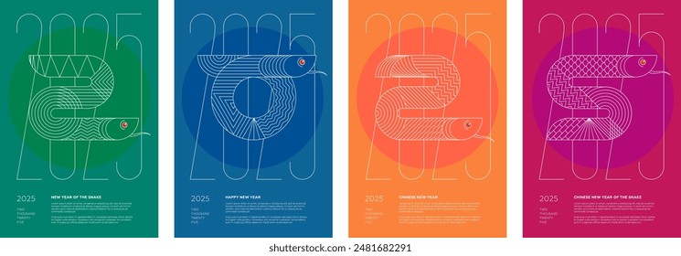 Abstract Chinese snake set on 2025 Happy New Year posters. Colored creative China zodiac animal serpent on flyers. Graphic Asian celebration colorful prints. Modern trendy oriental festival placards