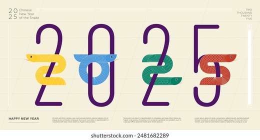 Abstract Chinese snakes combination number 2025 Happy New Year horizontal banner. Colored China zodiac animal serpent set. Graphic Asian festival colorful eps artwork. Modern trendy oriental carnival