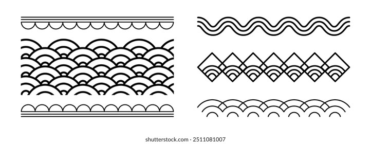 Conjunto tradicional chino Abstractas de la frontera oriental del ornamento, gráficos aislados de la obra de arte. Vector Decoración de la cultura asiática con líneas y ondas, símbolos de nubes. Marcos japoneses estilo Antiguas