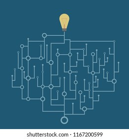 Abstract chip leading to a light bulb. Flat style