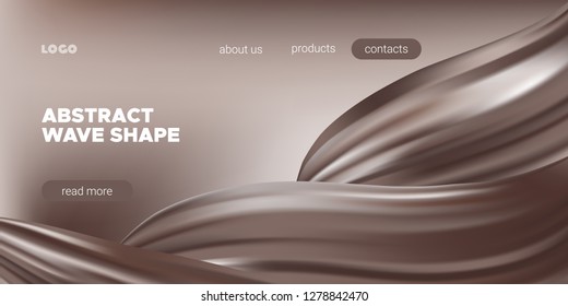 Abstract Chocolate Background, Fluid Shape. Brown Silk, 3d Waves in Movement. Melted Milk Chocolate Concept. Landing Page Template with Wavy Tasty 3D Forms in Cocoa or Coffee Colors. Smooth Chocolate.