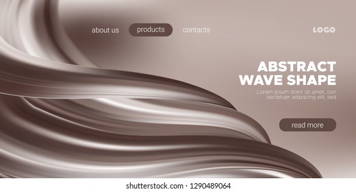 Abstract Chocolate Background, Fluid Shape. Brown Silk, 3d Waves in Movement. Melted Milk Chocolate Concept. Landing Page Template with Wavy Tasty 3D Forms in Cocoa or Coffee Colors. Smooth Chocolate.