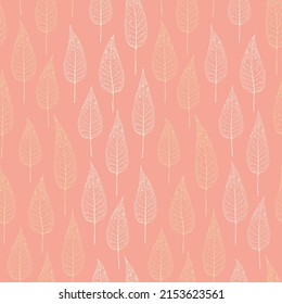 Abstract chokecherry tree leaf vector seamless pattern background. Stylized pink white foliage backdrop. Vertical botanical design. Hand drawn Prunus Canada leaves repeat for packaging for baby shower