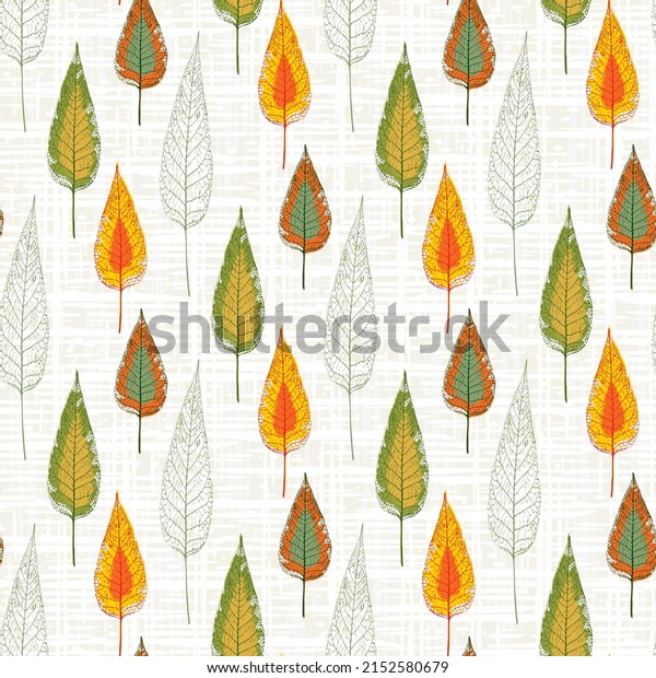 Abstract chokecherry tree leaf vector seamless\
pattern background. Stylized fall color foliage backdrop on blended\
canvas texture. Vertical botanical design. Hand drawn Prunus Canada\
leaves repeat