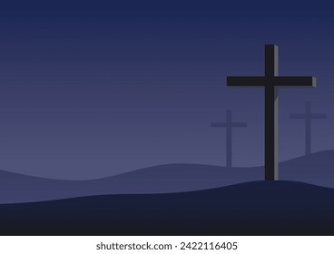 Abstract Christ Cross on the Mountain with Night Background, Suitable for Religion Concept.