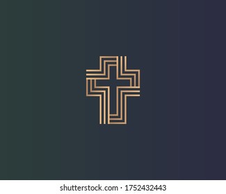 Abstraktes, christlich lineares goldenes Farbverlauf-Cross-Logo einzeln auf dunklem Hintergrund. Universelles Vektor-Kirchenreligionshypozeichen, simbolo logotype