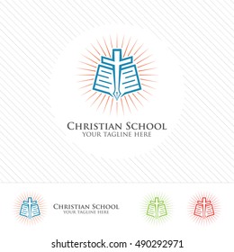 Abstract Christian School Logo Design Vector. Creative Logo Concept Of Book, Cross And Pen .