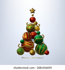 Abstract Christmas 3D vector illustration with Christmas tree shape  different golden stars, and balls.