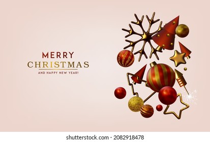 Abstract Christmas 3D vector illustration with different golden stars, Christmas trees and balls.