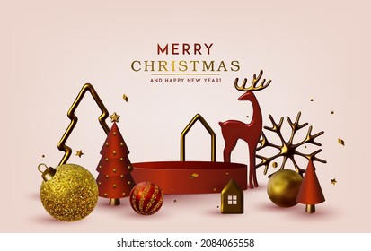 Abstract Christmas 3D vector illustration with different golden stars, Christmas trees and balls.