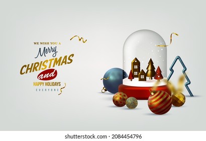 Abstract Christmas 3D vector illustration with different golden stars, Christmas trees and balls.
