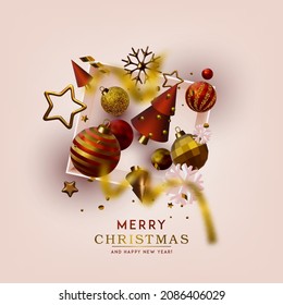 Abstract Christmas 3D vector illustration with different golden stars, balls and gift box.