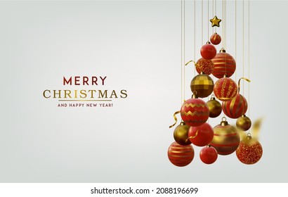 Abstract Christmas 3D vector illustration with different golden stars, balls and gift box.