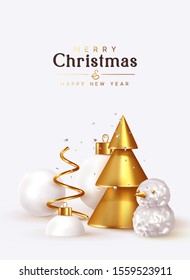 Abstract Christmas background with 3d design elements. Sharp conical golden Christmas trees, metal spiral pine. Snow spheres, Xmas ball, silver glitter confetti, volumetric snowman. Happy New Year