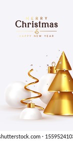 Abstract Christmas background with 3d design elements. Sharp conical golden Christmas trees, metal spiral pine. Snow spheres, Xmas ball, silver glitter confetti. greeting card, poster. Happy New Year