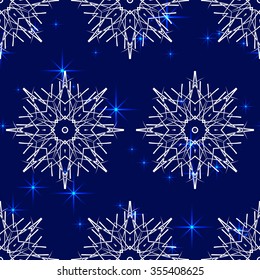 Abstract Christmas background. Blue seamless pattern with snowflakes abstract sparks. Vector illustration.