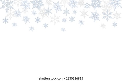 Resumen de fondo navideño con bordes de copos de nieve azules y plateados y espacio de copia para texto. Nieve de invierno. Cae copos de nieve. Diseño moderno para overlay, banner, portada. Ilustración vectorial en blanco.