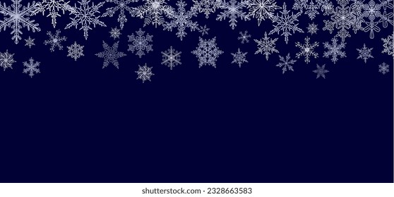 Abstract Christmas background with blue and silver snowflakes border and copy space for text. Winter snow. Overlay, banner, cover. Realistic vector illustration isolated on dark navy blue background