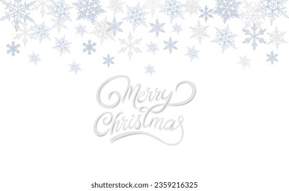 Abstract Christmas background with blue and silver snowflakes border and calligraphy text Merry Christmas. Winter snow. Overlay, banner, cover. vector Realistic illustration on white background