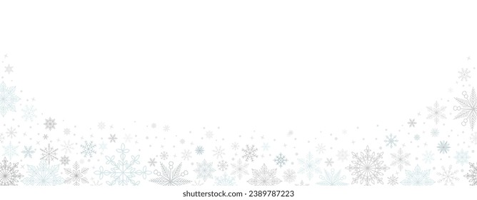 Resumen de fondo navideño con borde de copos de nieve azules y plateados y espacio de copia para texto. Nieve de invierno. Superposición, pancarta, cubierta. Ilustración vectorial aislada en fondo blanco. 