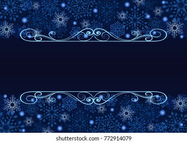 Abstract Christmas background with blue snowflakes borders and copy space in the center. Vector illustration.