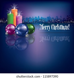 abstract Christmas background with candles and silhouette of city