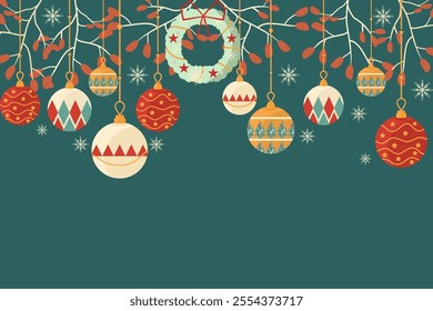 Abstract Christmas background decorations with ball,star,light,gift,Christmas tree,flower,snow flakes 