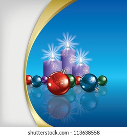 Abstract Christmas background with decorations and candles on blue