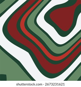 Abstract Christmas background design with flowing waves of red white and green colors for holiday celebrations.