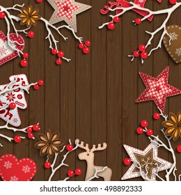 Abstract christmas background, dry branches with red berries and small scandinavian styled decorations lying on wooden desk, inspired by flat lay style, vector illustration, eps 10 with transparency