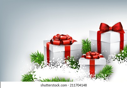 Abstract christmas background with fir branches and realistic gift boxes. Vector illustration. 