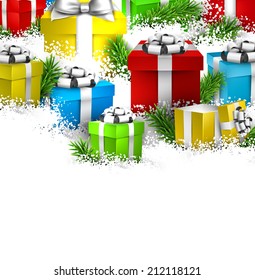 Abstract christmas background with fir branches and realistic gift boxes. Vector illustration. 