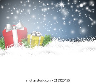 Abstract christmas background with fir branches and realistic gift boxes. Vector illustration.  
