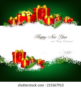 Abstract christmas background with fir branches and realistic gift boxes. Vector illustration.  