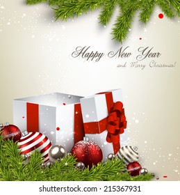 Abstract christmas background with fir branches and realistic gift boxes. Vector illustration. 