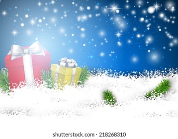 Abstract christmas background with fir branches and realistic gift boxes. Vector illustration.  