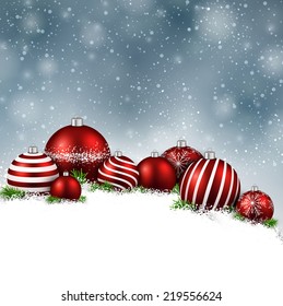 Abstract christmas background with fir branches and red balls. Vector illustration.