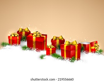 Abstract christmas background with fir branches and realistic gift boxes. Vector illustration.
