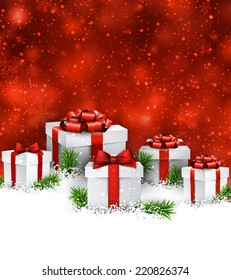 Abstract christmas background with fir branches and realistic gift boxes. Vector illustration. 